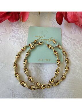 Lovely Big 2.35" Shiny Gold Twisted Hoop Earrings Lead Free NEW
